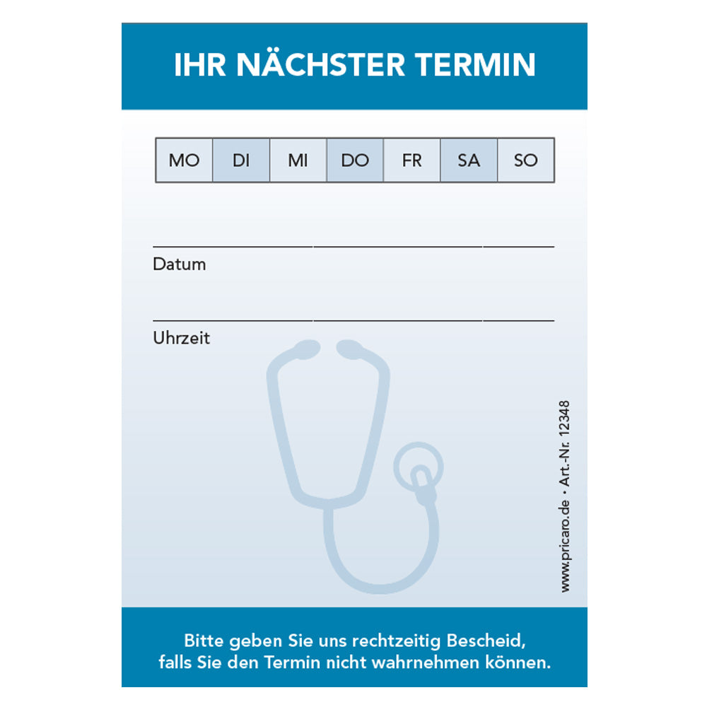 terminblöcke für arztpraxen, blaue optik, stethoskop, felder mo-so zum ankreuzen, spalten für datum und uhrzeit, freifeld für einen stempel, frontansicht