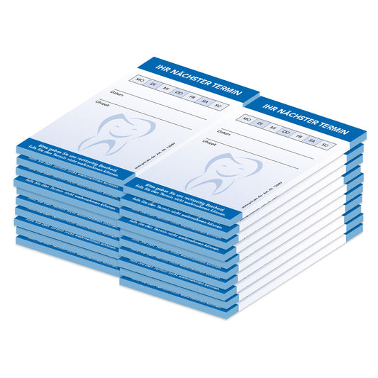 terminblöcke für zahnärzte, blaue optik, zahn, felder mo-so zum ankreuzen, spalten für datum und uhrzeit, freifeld für einen stempel, 20er set