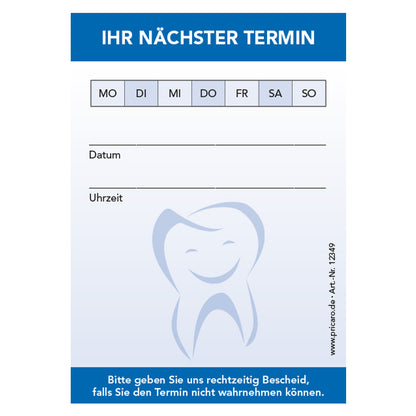 terminblöcke für zahnärzte, blaue optik, zahn, felder mo-so zum ankreuzen, spalten für datum und uhrzeit, freifeld für einen stempel, frontansicht