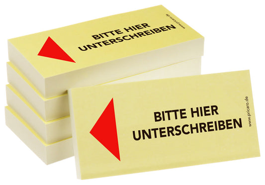 haftnotiz schmal, gelb, bitte hier unterschreiben pfeil links, 5er set