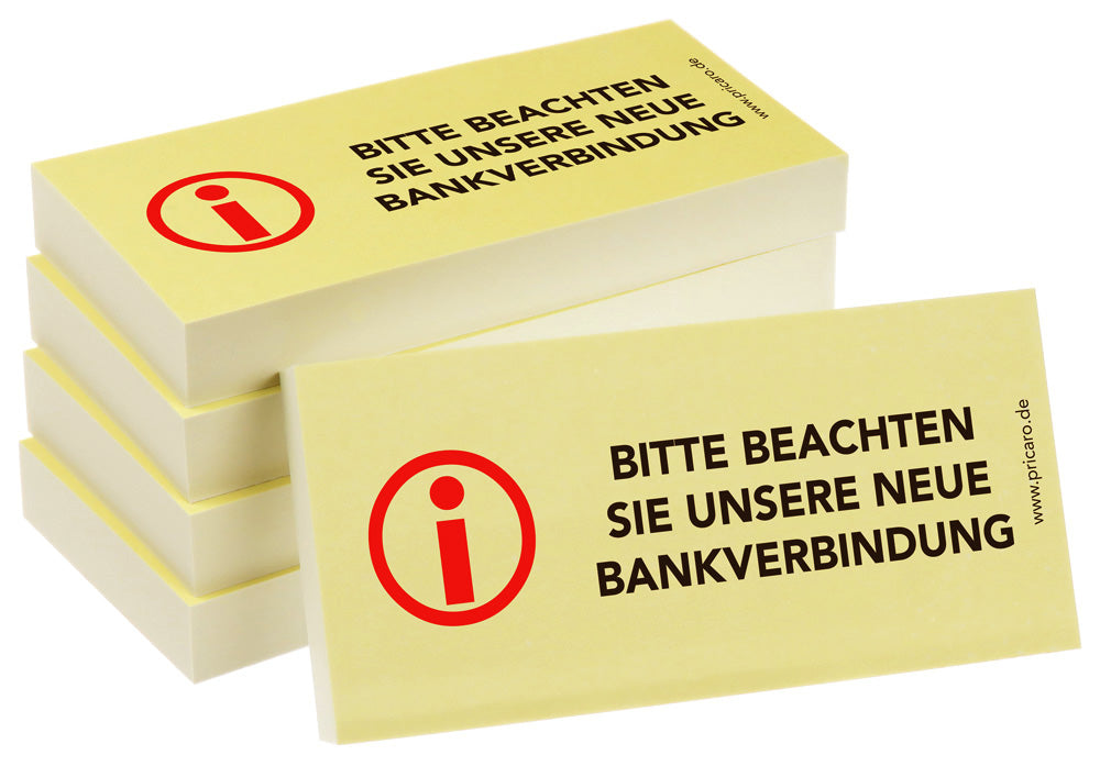 haftnotiz schmal, 5er set, aufdruck "bitte beachten sie unsere neue bankverbindung", gelbe optik