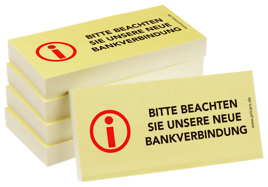 haftnotiz schmal, 5er set, aufdruck "bitte beachten sie unsere neue bankverbindung", gelbe optik