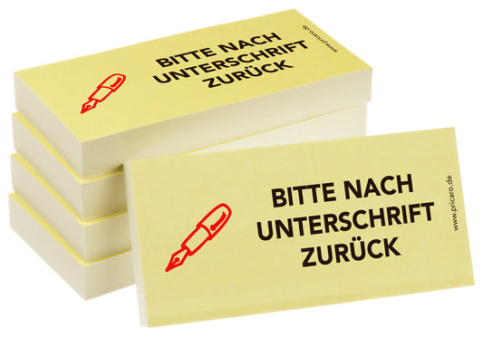 haftnotiz schmal, 5er set, aufdruck "bitte nach unterschrift zurück", gelbe optik