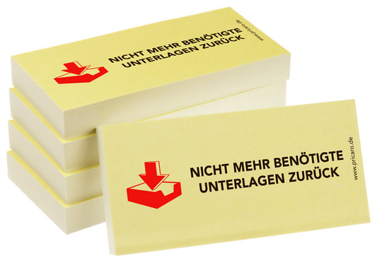 haftnotiz schmal, 5er set, aufdruck "nicht mehr benötigte unterlagen zurück", gelbe optik