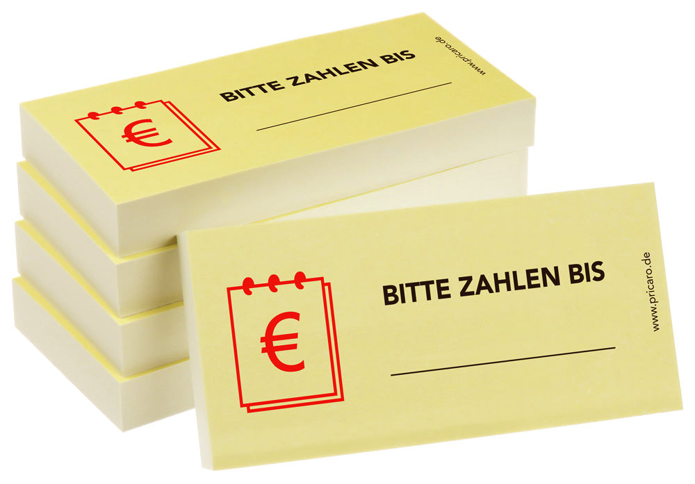 haftnotiz schmal, 5er set, aufdruck "bitte zahlen bis", gelbe optik