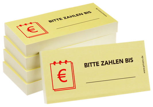 haftnotiz schmal, 5er set, aufdruck "bitte zahlen bis", gelbe optik