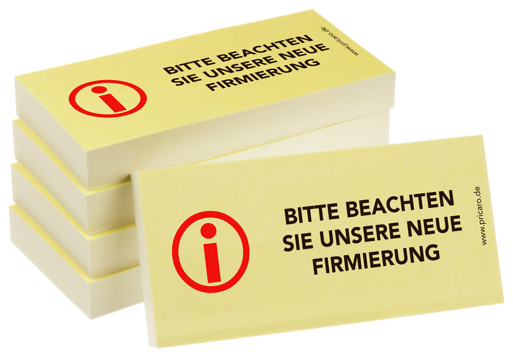 haftnotiz schmal, 5er set, aufdruck "bitte beachten sie unsere neue firmierung", gelbe optik