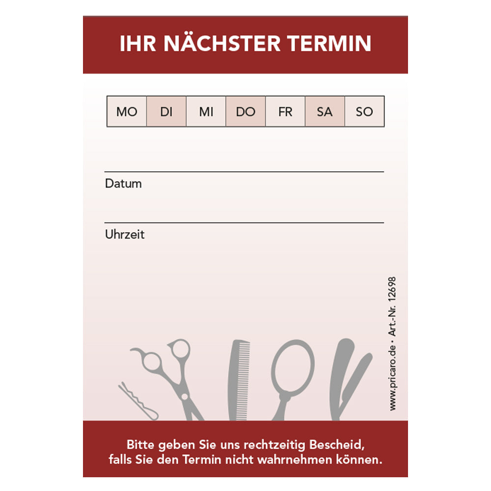 terminblöcke für friseure, rote optik, friseur-equipment, felder mo-so zum ankreuzen, spalten für datum und uhrzeit, freifeld für einen stempel, frontansicht