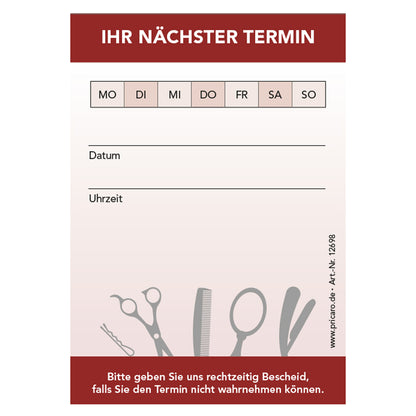 terminblöcke für friseure, rote optik, friseur-equipment, felder mo-so zum ankreuzen, spalten für datum und uhrzeit, freifeld für einen stempel, frontansicht