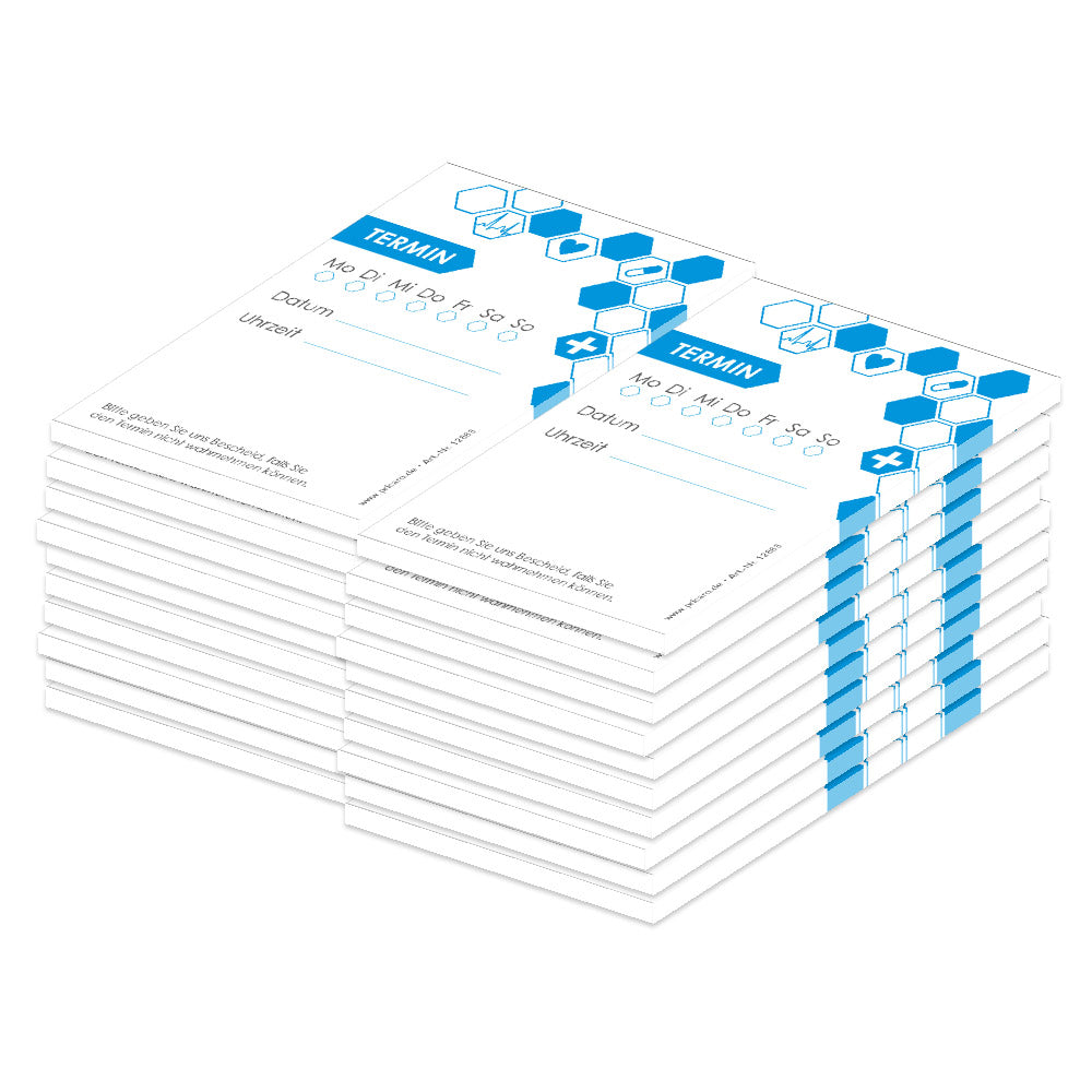 terminblöcke für ärzte und mediziner, weiß-blaue optik, felder mo-so zum ankreuzen, spalten für datum und uhrzeit, freifeld für einen stempel, 20er set