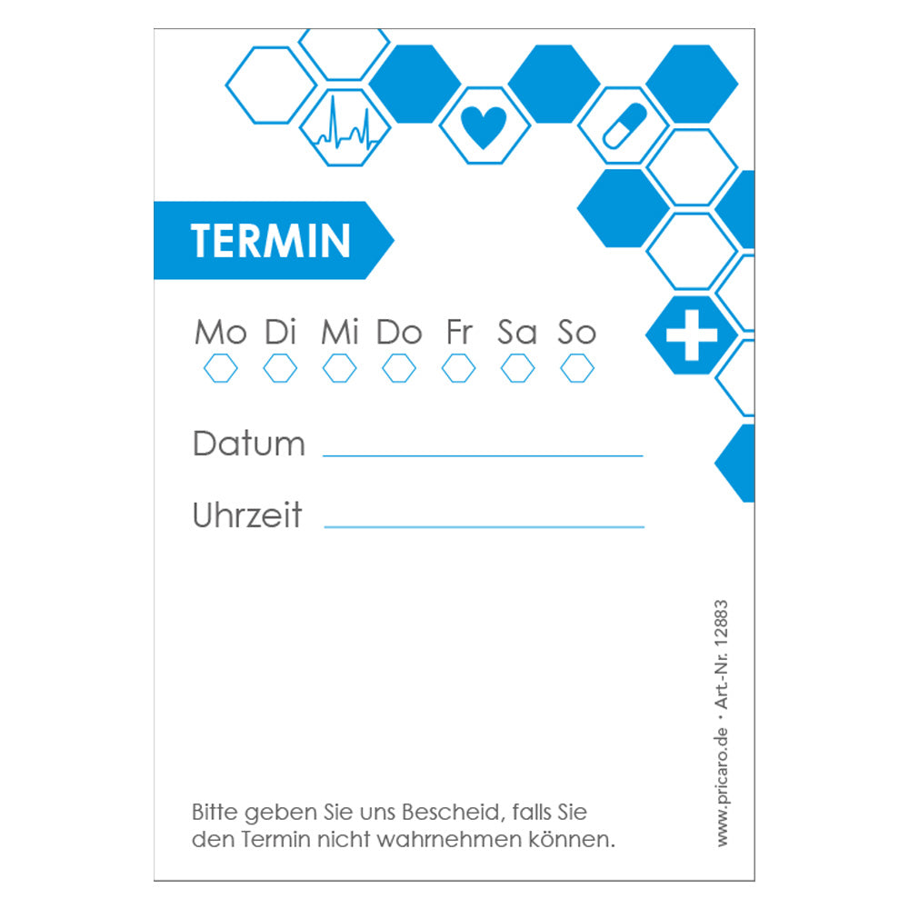 terminblöcke für ärzte und mediziner, weiß-blaue optik, felder mo-so zum ankreuzen, spalten für datum und uhrzeit, freifeld für einen stempel, frontansicht 