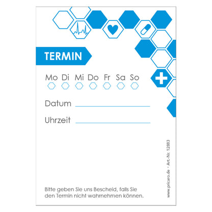 terminblöcke für ärzte und mediziner, weiß-blaue optik, felder mo-so zum ankreuzen, spalten für datum und uhrzeit, freifeld für einen stempel, frontansicht 
