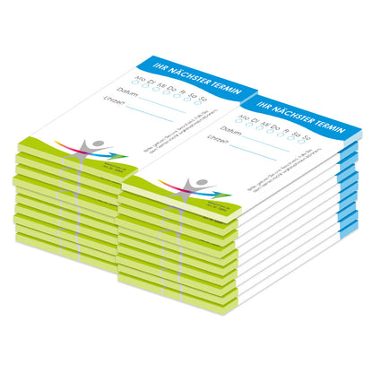 terminblöcke vital und fit für ärzte und mediziner, weiß-blau-grüne optik, felder mo-so zum ankreuzen, spalten für datum und uhrzeit, freifeld für einen stempel, 20er set