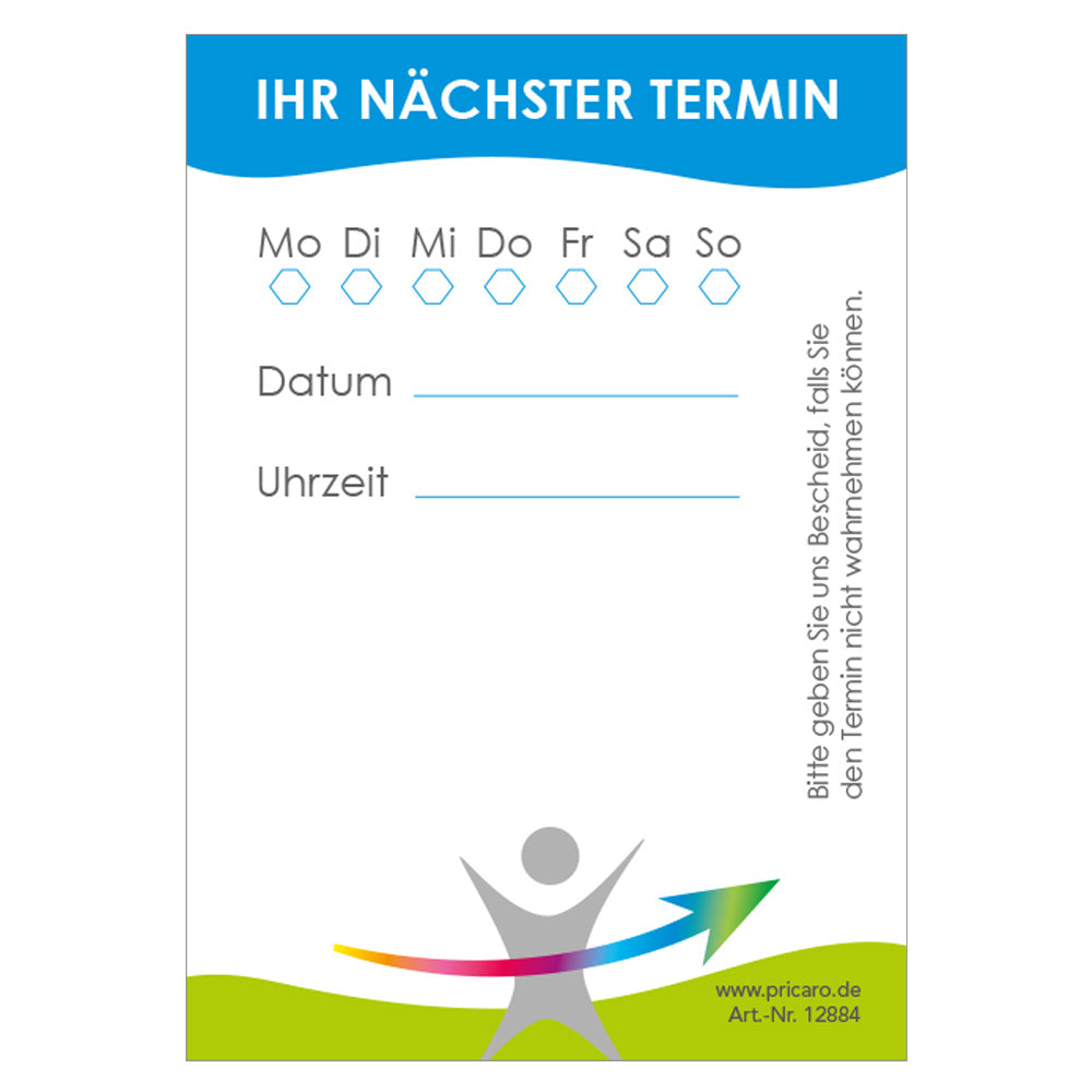 terminblöcke vital und fit für ärzte und mediziner, weiß-blau-grüne optik, felder mo-so zum ankreuzen, spalten für datum und uhrzeit, freifeld für einen stempel, frontansicht