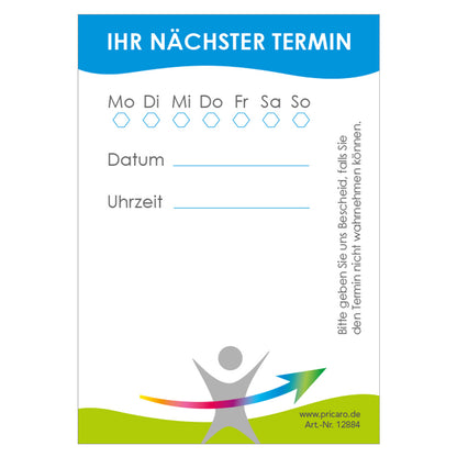 terminblöcke vital und fit für ärzte und mediziner, weiß-blau-grüne optik, felder mo-so zum ankreuzen, spalten für datum und uhrzeit, freifeld für einen stempel, frontansicht