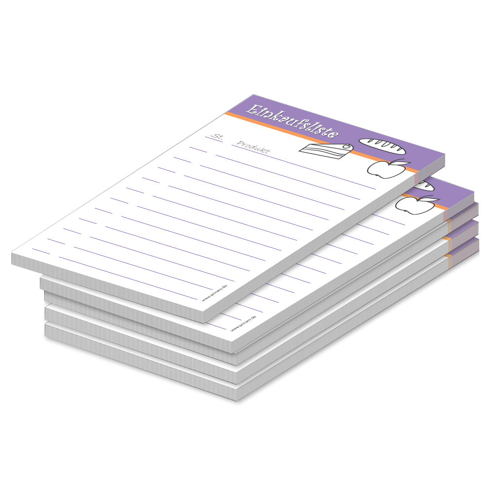einkaufsliste food, a6, lila-weiße optik mit aufgedruckten lebensmitteln, zeilen und spalten für stückzahl und artikel, 5er set