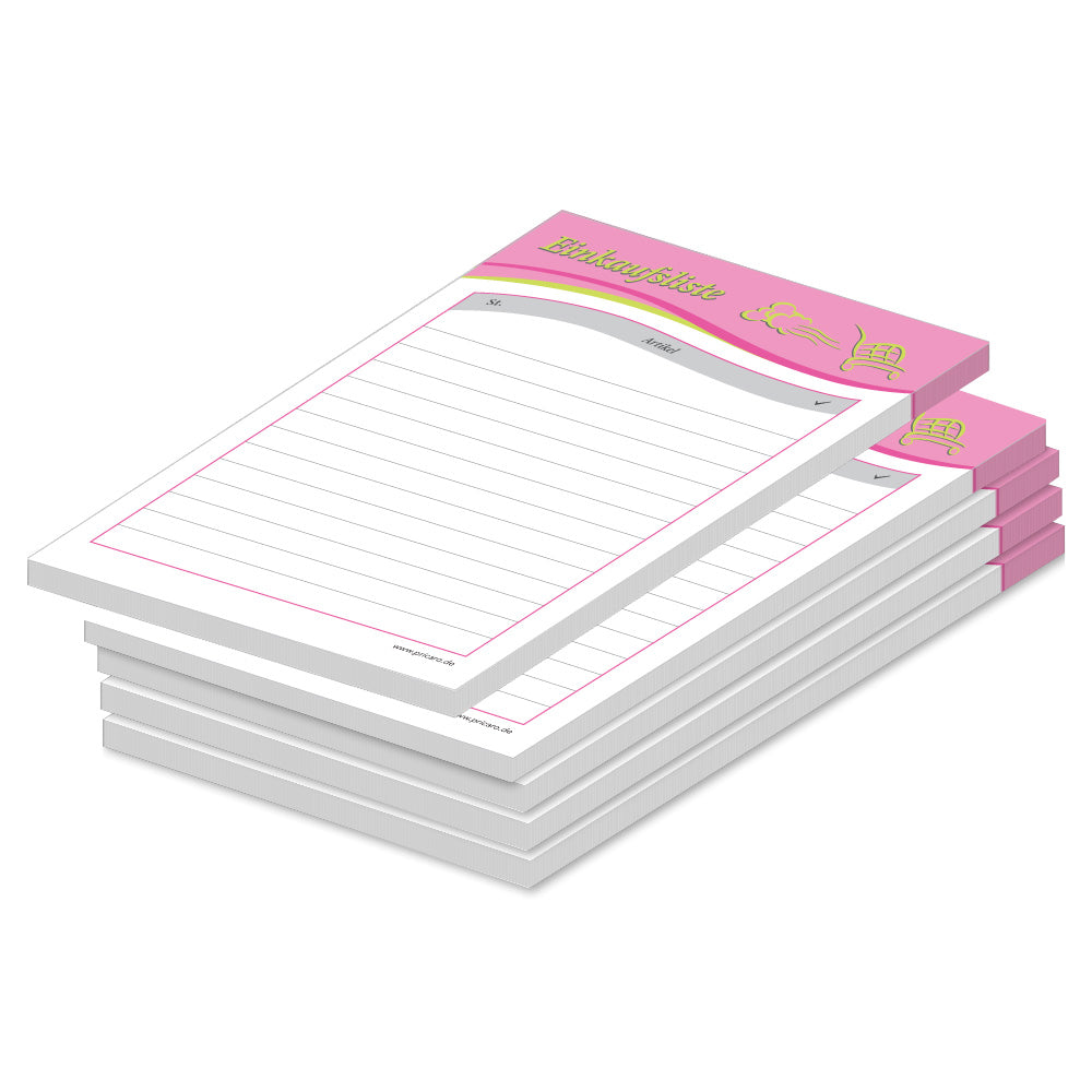 einkaufsliste speed a6, rosa mit grün aufgedrucktem einkaufswagen spalten für stück und artikel, 5er set
