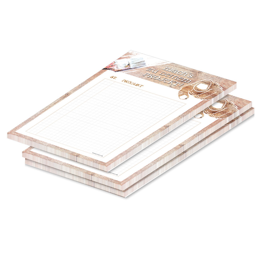 einkaufsliste für heimwerker "dein projekt", a5, braun-weiße optik mit spruch "machs zu deinem projekt", schreibfeld kariert, 3er set