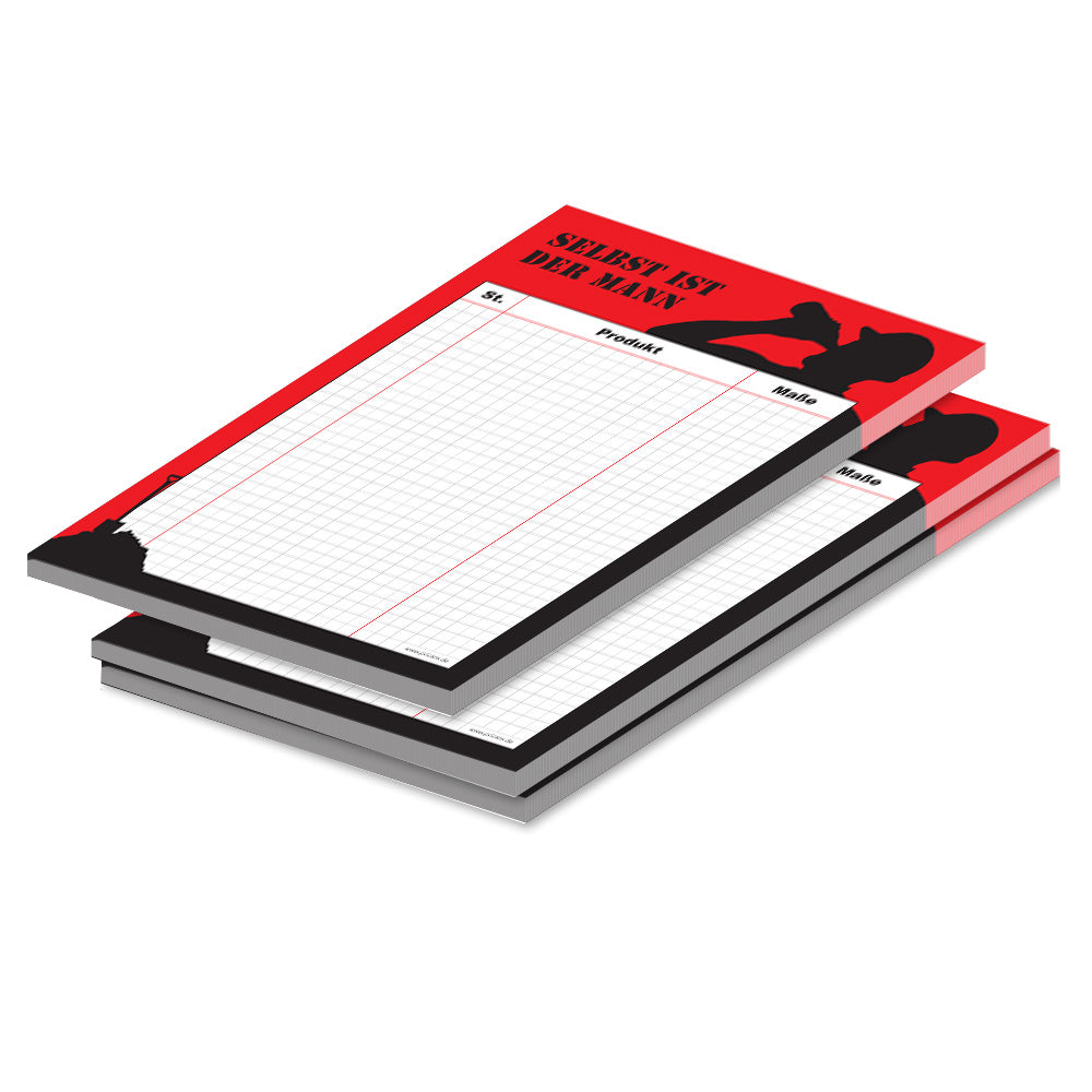 einkaufsliste für heimwerker "feierabend", a5, schwarz-rot-weiße optik mit spruch "selbst ist der mann" und abgebildetem bauarbeiter, schreibfeld kariert, 3er set