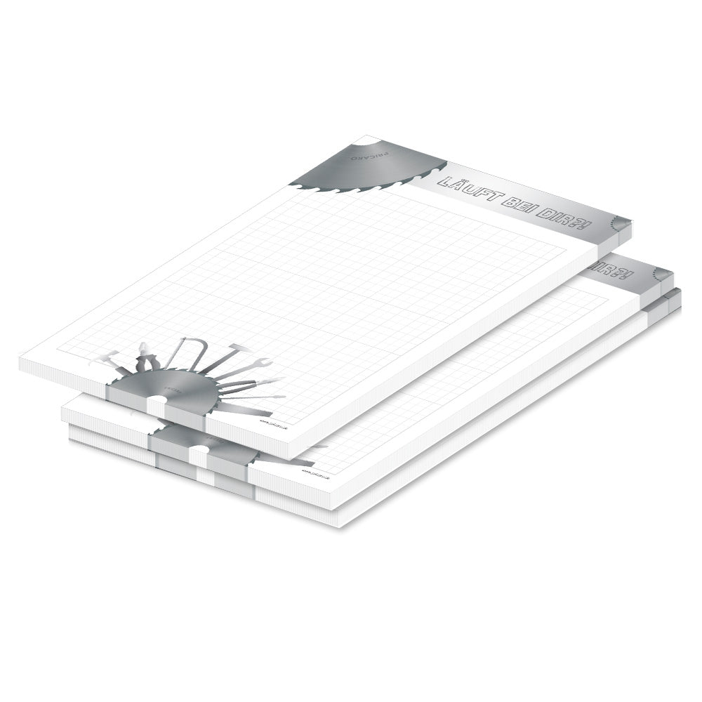 einkaufsliste für heimwerker "sägeblatt", a5, grau-weiße optik mit sägeblatt und spruch "läuft bei dir", schreibfeld kariert, 3er set