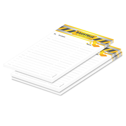 einkaufsliste für heimwerker "baustelle", a5, gelb-grau-weiße optik mit spruch "baustelle in bearbeitung", schreibfeld liniert, 3er set