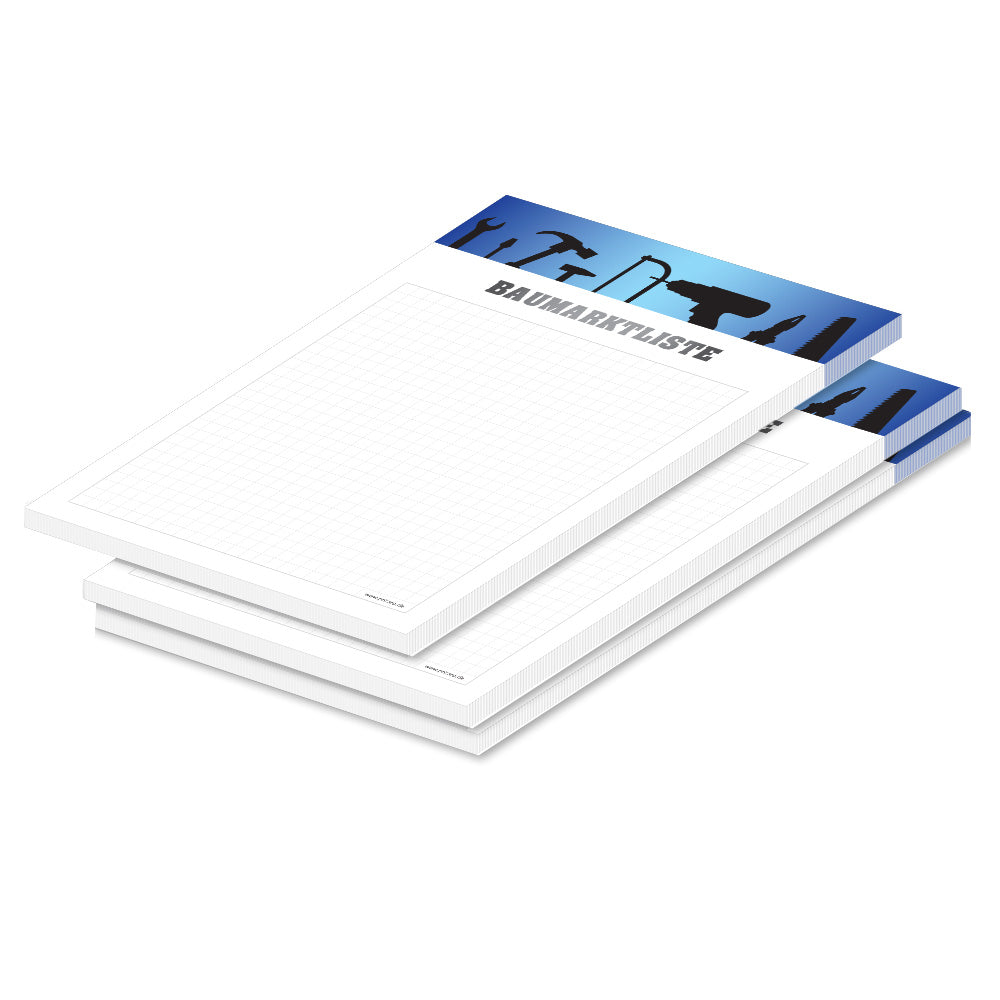einkaufsliste für heimwerker "werkzeuge", a5, blau-weiße optik mit aufdruck "baumarktliste", schreibfeld kariert, 3er set