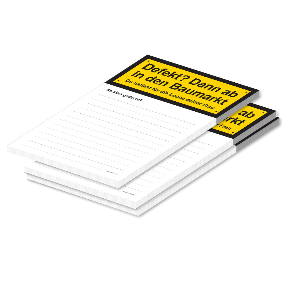 einkaufsliste für heimwerker "gute laune", a5, gelb-weiße optik mit spruch "defekt? dann ab in den baumarkt", schreibfeld liniert, 3er set