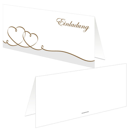 einladungskarte hochzeit, geschwungene herzen gold, schriftzug "einladung" oben rechts, vorder- und rückseite.