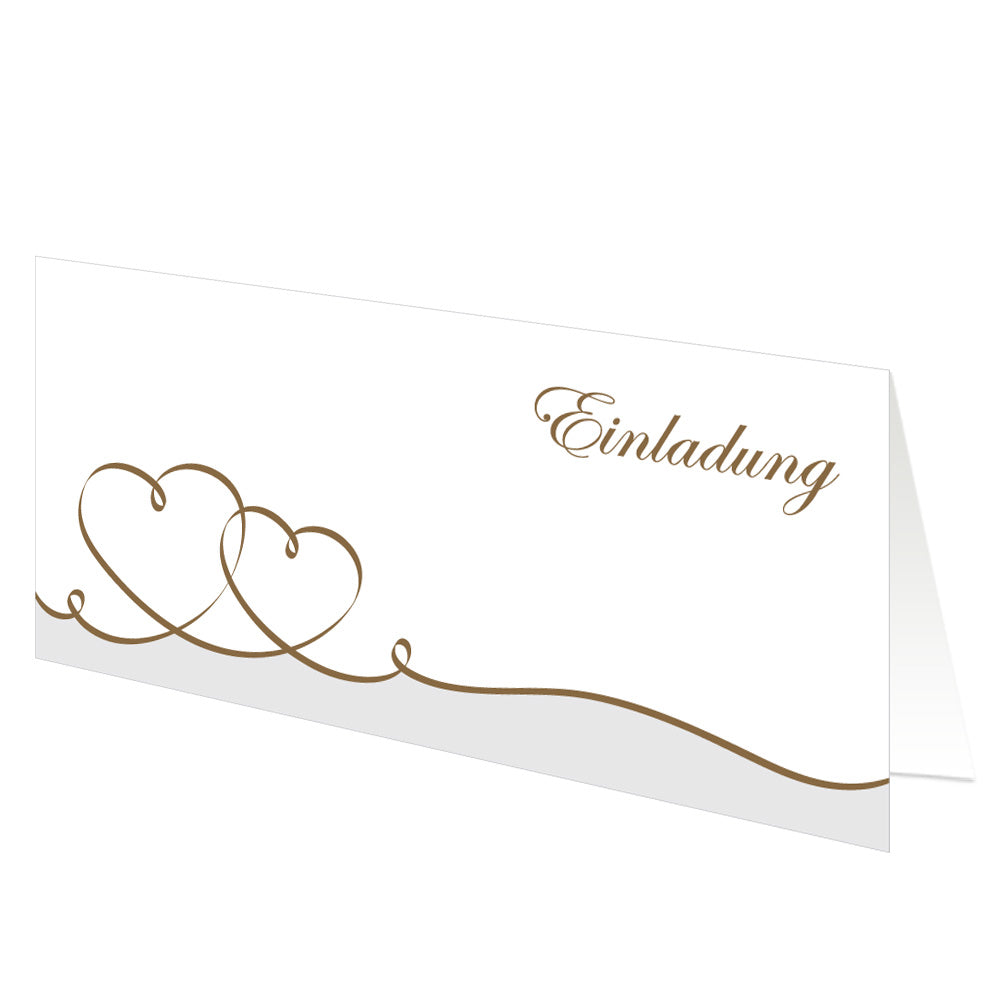 einladungskarte hochzeit, geschwungene herzen gold, schriftzug "einladung" oben rechts, frontansicht