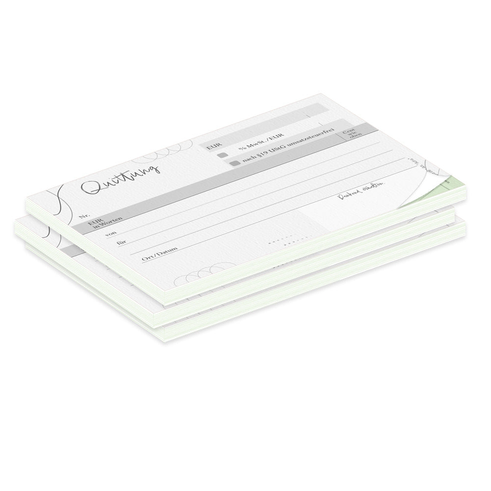 quittungsblock adria mit durchschlag mit grünem durchschlagpapier, a6, mit geschwungenen linien, moderne optik, schwarz-weiß,  3er set