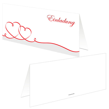 einladungskarte hochzeit, geschwungene herzen rot, schriftzug "einladung" oben rechts, vorder- und rückseite