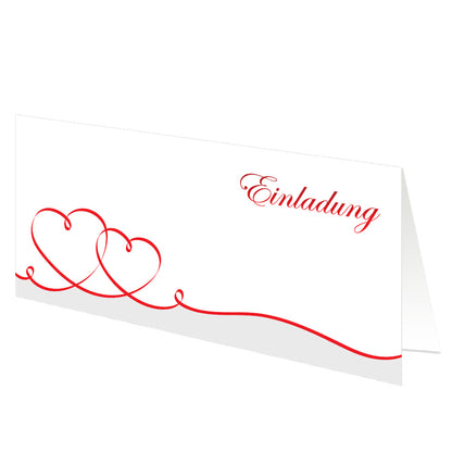 einladungskarte hochzeit, geschwungene herzen rot, schriftzug "einladung" oben rechts, frontansicht.