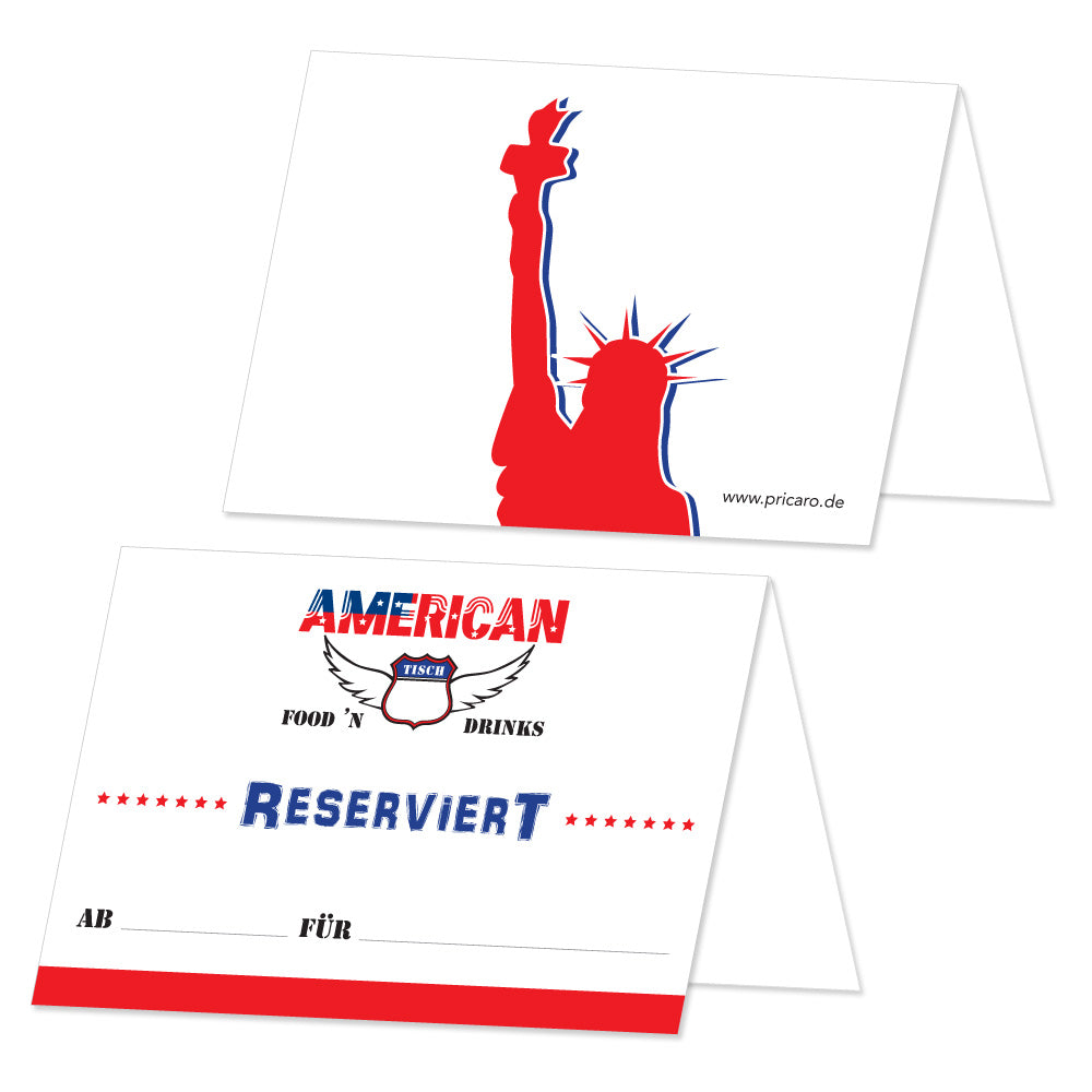 tischreservierung variante amerikanisch, weiß/rote optik mit aufschrift american food´n drinks und reserviert ab / für, vorder- und rückseite