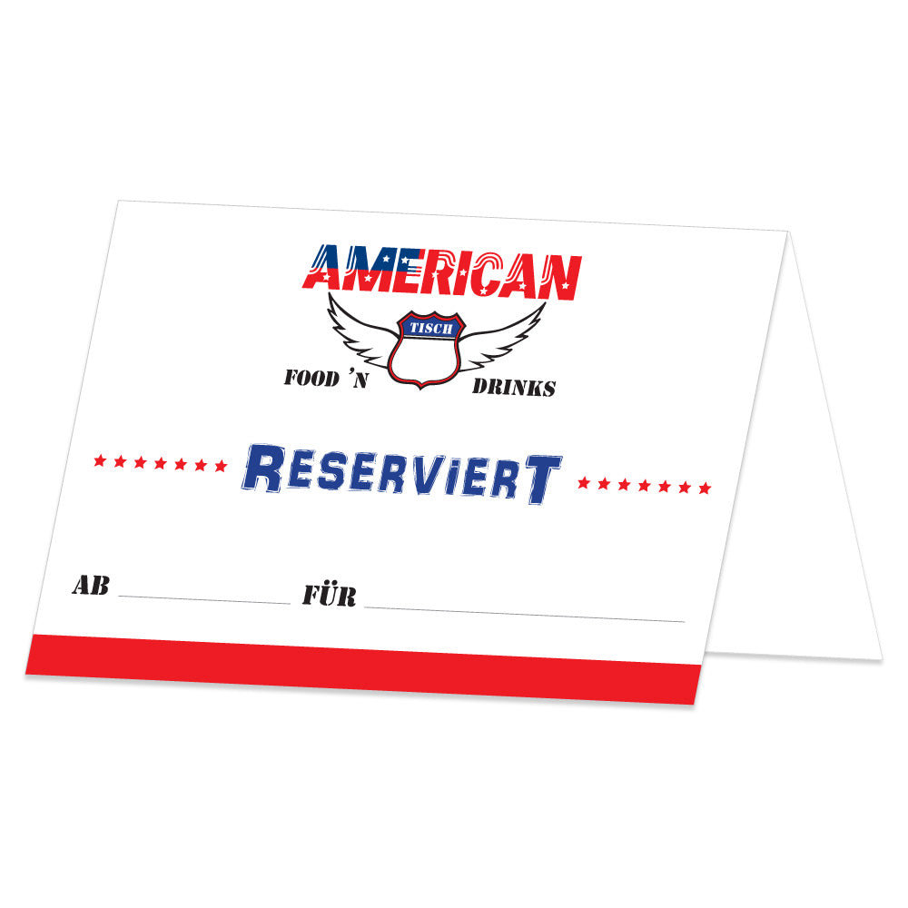 tischreservierung variante amerikanisch, weiß/rote optik mit aufschrift american food´n drinks und reserviert ab / für