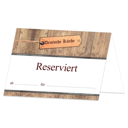 tischreservierung variante deutsch, braun/weiße optik mit aufschrift deutsche küche und reserviert ab / für