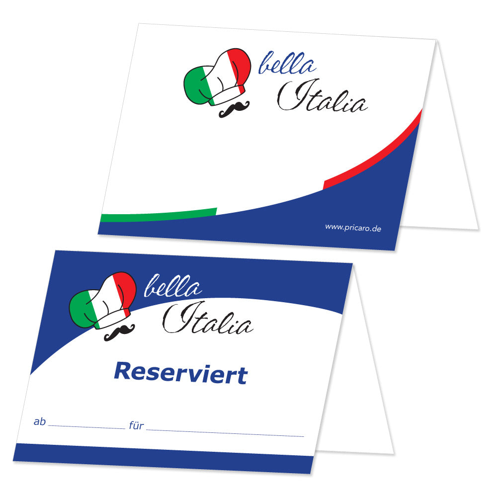 tischreservierung variante italienisch, blau/weiß optik mit aufschrift bella italia und reserviert ab / für, Vorder- und rückseite