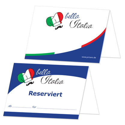 tischreservierung variante italienisch, blau/weiß optik mit aufschrift bella italia und reserviert ab / für, Vorder- und rückseite