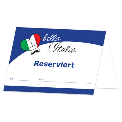 tischreservierung variante italienisch, blau/weiß optik mit aufschrift bella italia und reserviert ab / für