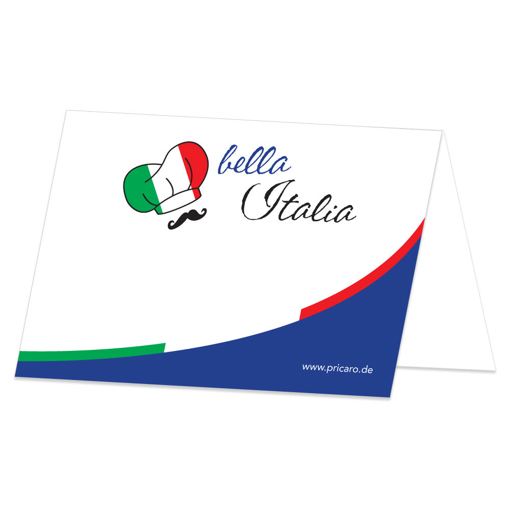 tischreservierung variante italienisch, blau/weiß optik mit aufschrift bella italia , rückseite