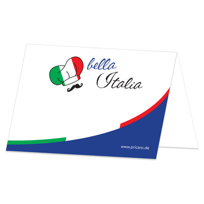 tischreservierung variante italienisch, blau/weiß optik mit aufschrift bella italia , rückseite
