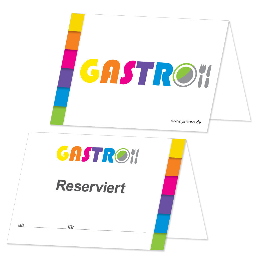 tischreservierung variante allgemein, bunte optik mit aufschrift gastro, reserviert ab / für, vorder- und rückseite