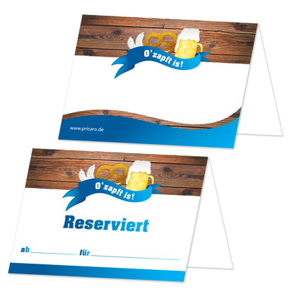 tischreservierung variante o zapft is, blau, braun weiße optik mit aufschrift o´zapt is! und reserviert ab / für, vorder- und rückseite