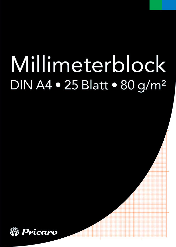 millimeterpapier, a4 frontansicht deckblatt mit der aufschrift "millimeterblock, din a4, 25 blatt, 80g/m²"