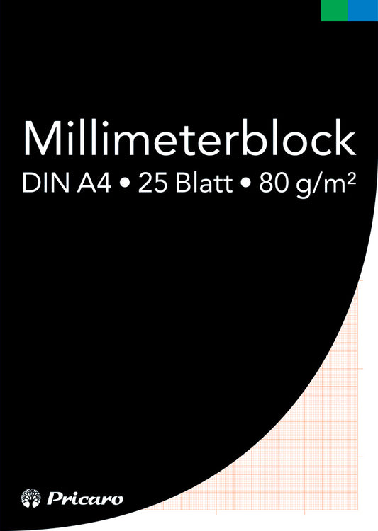 millimeterpapier, a4 frontansicht deckblatt mit der aufschrift "millimeterblock, din a4, 25 blatt, 80g/m²"