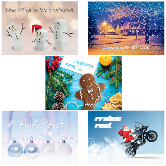 weihnachtsklappkarten motivreihe 1, frontansicht der ersten 5 motive