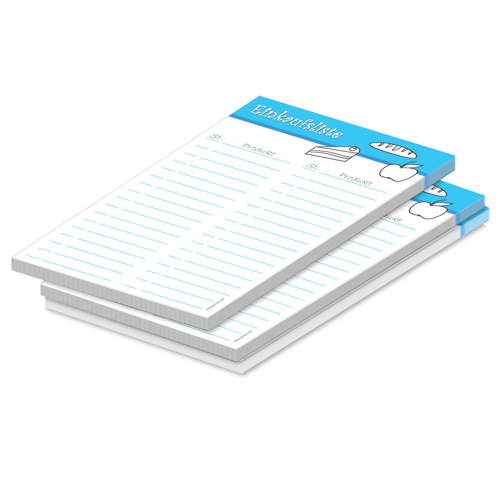 einkaufsliste food a5, blau-weiße optik, mit aufgedruckten lebensmitteln und zeilen für stück und produkt, 3er set