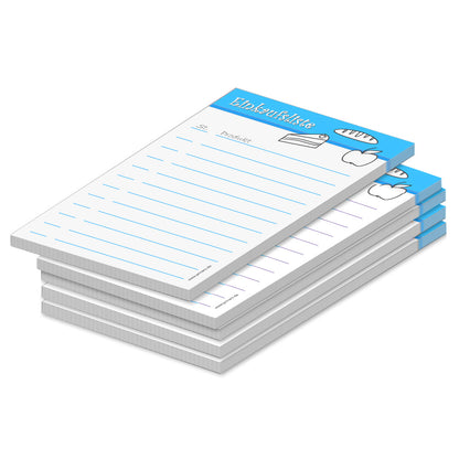 einkaufsliste food, a6, blau-weiße optik mit aufgedruckten lebensmitteln, zeilen und spalten für stückzahl und artikel, 5er set