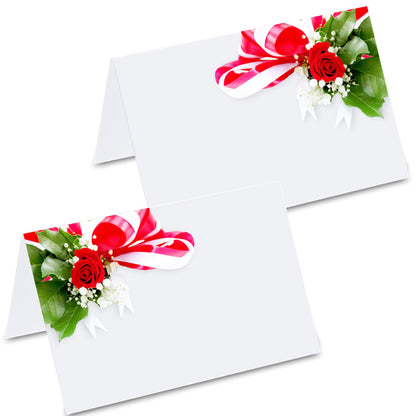 tischkarte "eleganz", vorder- und rückseite, blumenmotiv mit rosen und schleifen