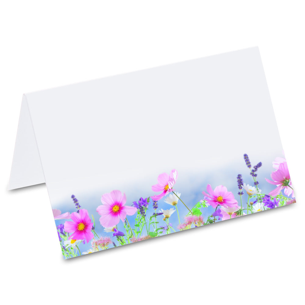 tischkarte "frühlingswiese", vorderseite, frühlingsweise mit frühlingsblumen