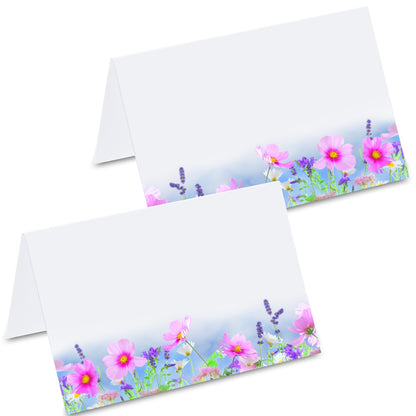 tischkarte "frühlingswiese", vorder- und rückseite, frühlingsweise mit frühlingsblumen